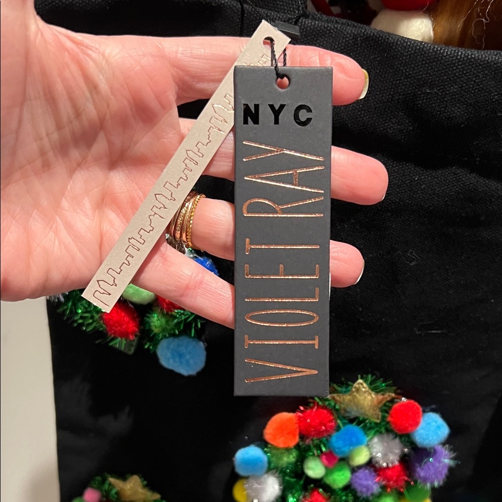 Violet Ray NYC Black Christmas Tote with Colorful Pom-Pom Trees - Picture 4 of 14